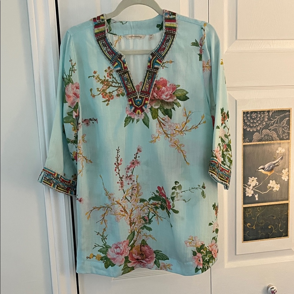 Soft Surroundings Floral Embroidered Blouse - Light Blue